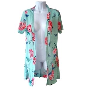 Tickled Teal Floral Open Front Cardigan Small Sea Green Aqua Lightweight Pockets